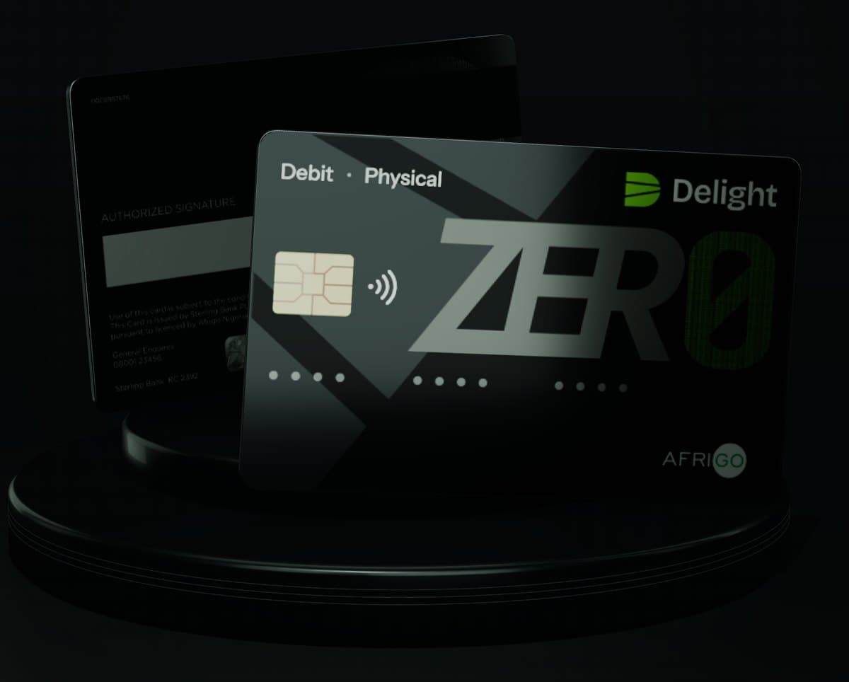 The Delight Zero Card, a black physical debit card, front and back