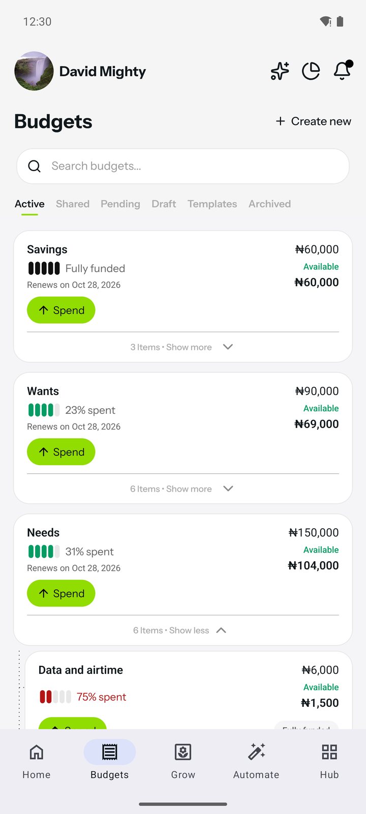 Needs, Wants and Savings as budget groups in Delight, mid-month: each shows how much is spent and what's left
