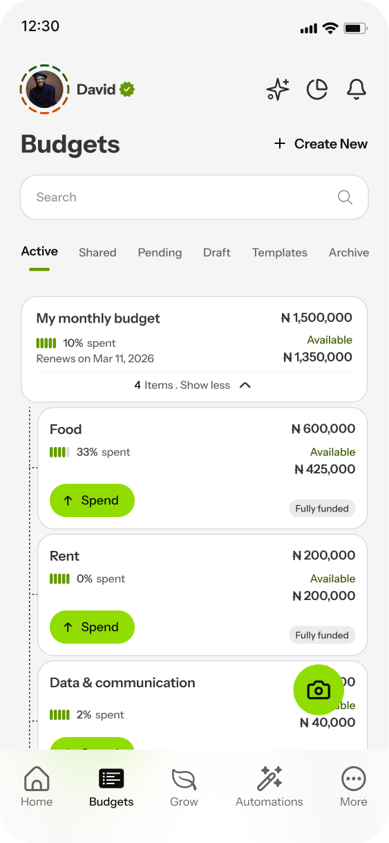 Delight's budget screen showing individual budgets for Food, Rent, and Data, each with spending progress and available balance