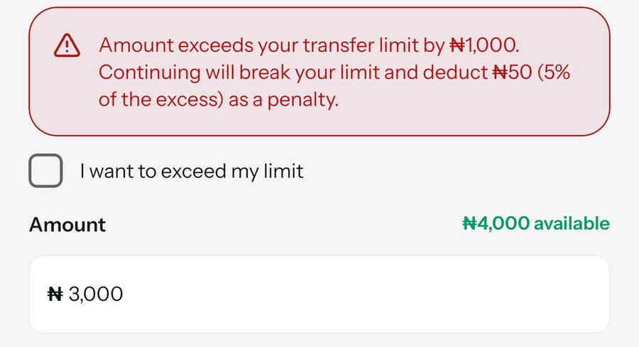 The limit speaks before the payment: ₦1,000 over a ₦2,000 limit, with the ₦50 penalty shown
