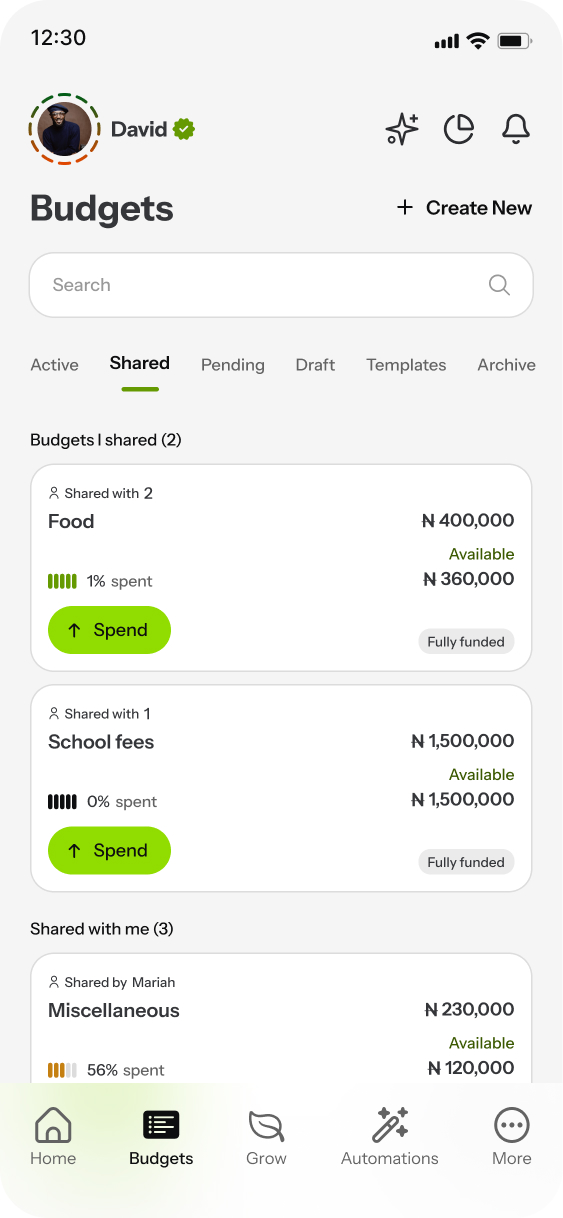 Shared budgets in Delight showing budgets shared with a partner alongside budgets shared with you