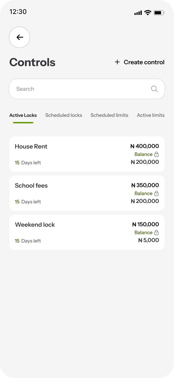 Delight's Controls screen showing active locks on House Rent, School fees and a weekend lock, each with its balance and days left